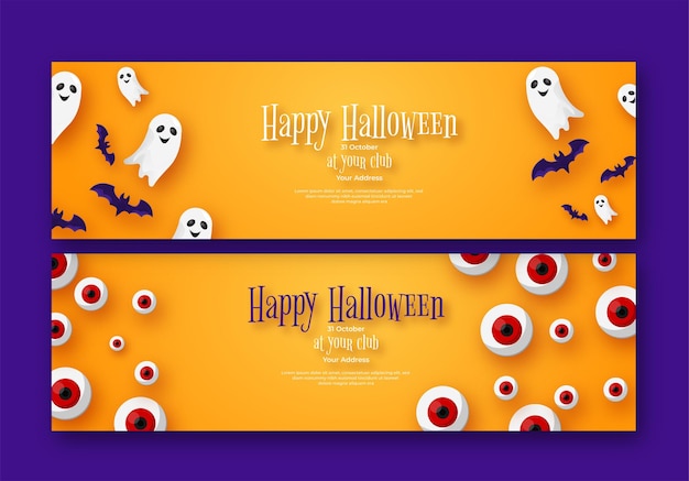 Halloween party invitations banner with pumpkins with hat eyes bat ghost