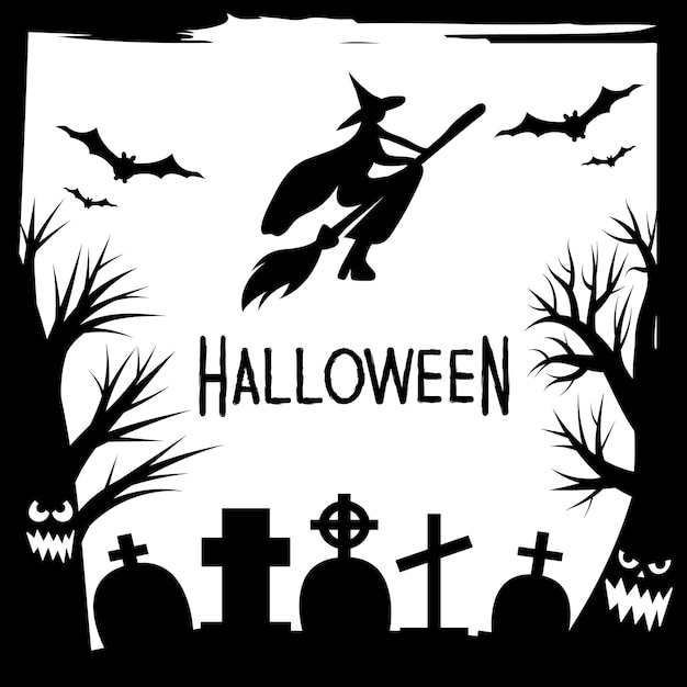 Halloween party invitations or greeting cards banner with traditional Halloween symbols. Flyer with place for text sample with texture in a simple grunge frame. Vector illustration in black and white.