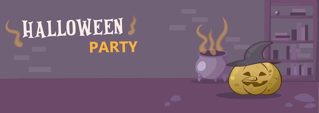 Halloween party invite with Halloween pumpkin like a witch with magic cauldron