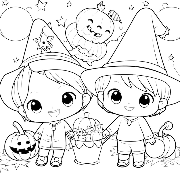 Halloween party for kids black and white coloring page for kids and adults line art simple cartoon style happy cute and funny