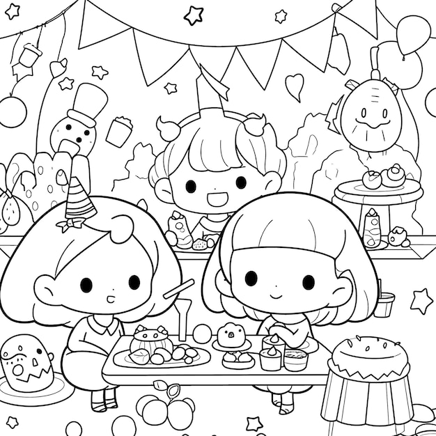 Halloween party for kids black and white coloring page for kids and adults line art simple cartoon style happy cute and funny