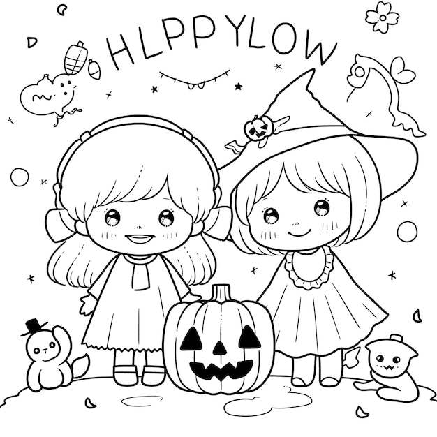 Vector halloween party for kids black and white coloring page for kids and adults line art simple cartoon style happy cute and funny