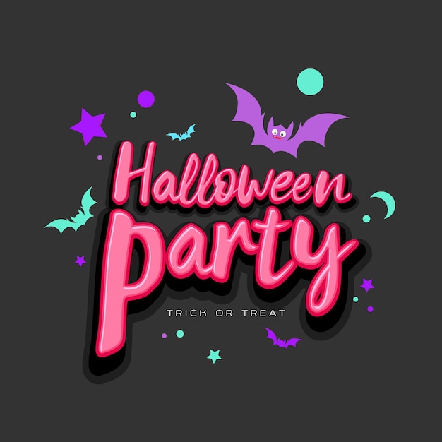 Halloween Party pink message with colorful bat on black background vector illustration