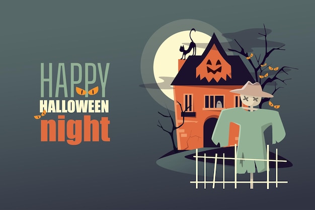 Halloween party poster template in flat design Banner invitation layout to night horror festival with spooky old house black cat on roof creepy trees with eyes and scarecrow Vector illustration