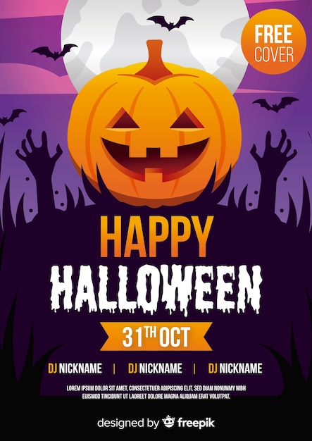 Halloween party poster template with pumpkin and zombie hands