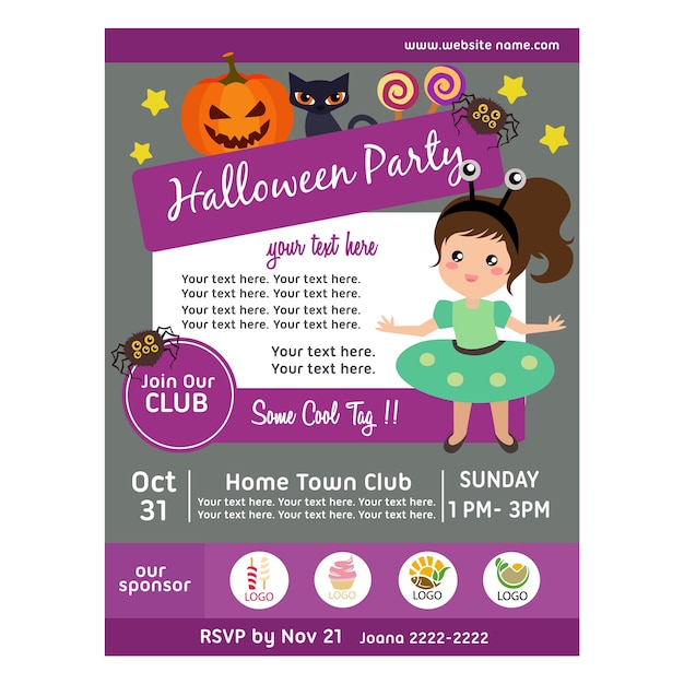 Halloween party poster with alien costume kid