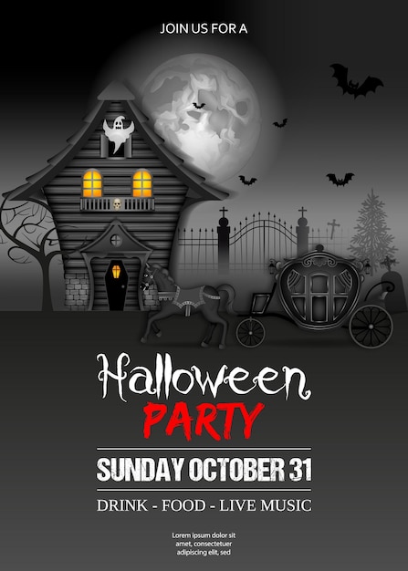 halloween party poster with haunted house and black carriage