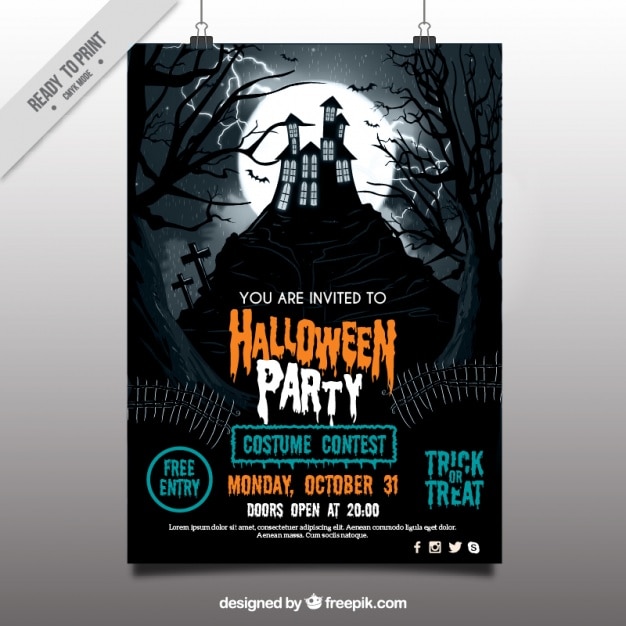 Vector halloween party poster with haunted house