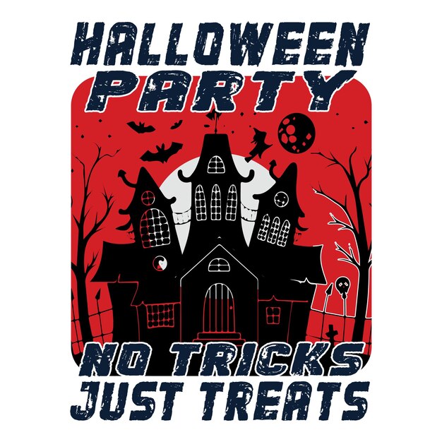 A halloween party poster with a house and a house in the background.