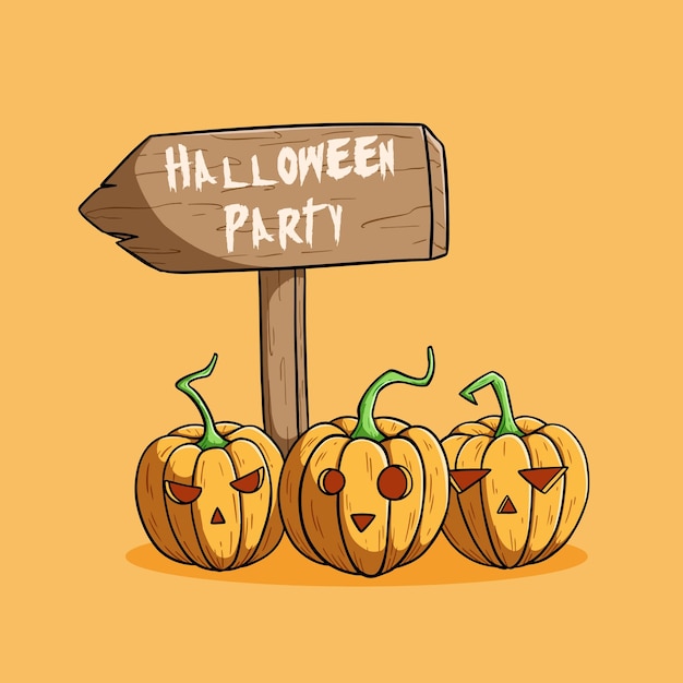 halloween party sign board with three pumpkin