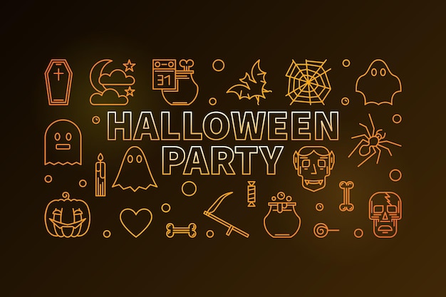 Halloween party thin line colorful vector horizontal illustration