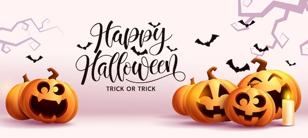 Halloween party vector background design Happy halloween text with cute and funny pumpkin faces