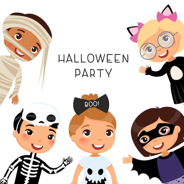 Halloween party with children in spooky monsters costumes.  Mummy, cat, skeleton,  ghost and bat cartoon characters.