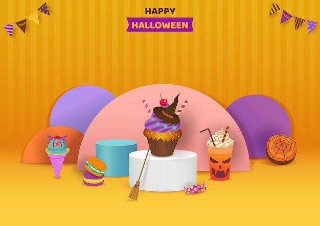 Halloween party with dessert display on orange color background