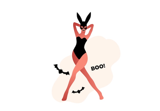 Halloween party, woman wearing a black mask and lingerie. Bunny standing on a white background  illustration.