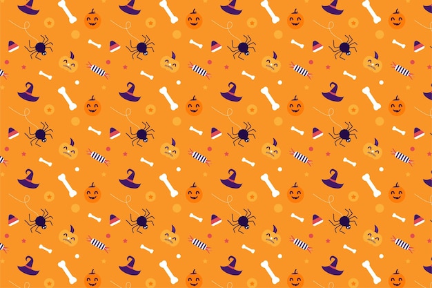 Halloween pattern background vector with scary pumpkins and human bones Halloween spooky pattern decoration for book covers wallpapers and bed sheets Halloween endless pattern on orange background