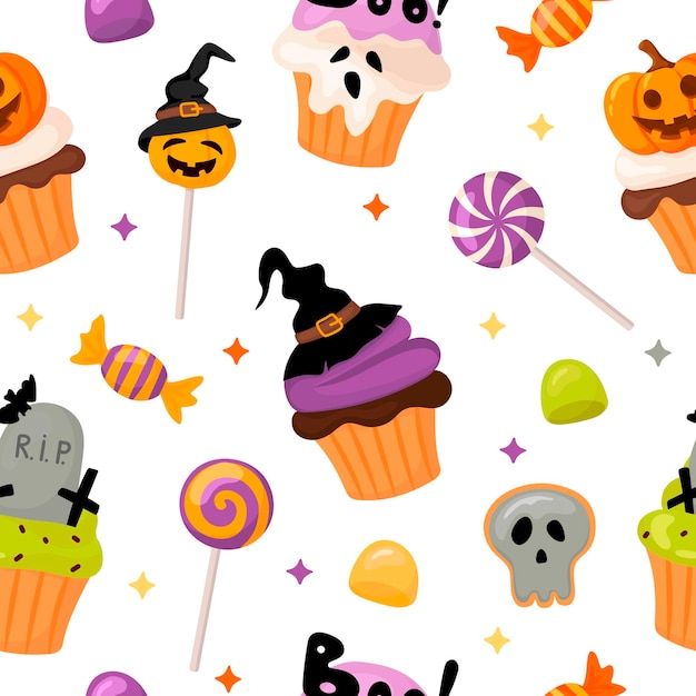 Halloween pattern with cupcakes and sweets in cartoon style