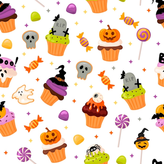 Halloween pattern with cupcakes and sweets in cartoon style