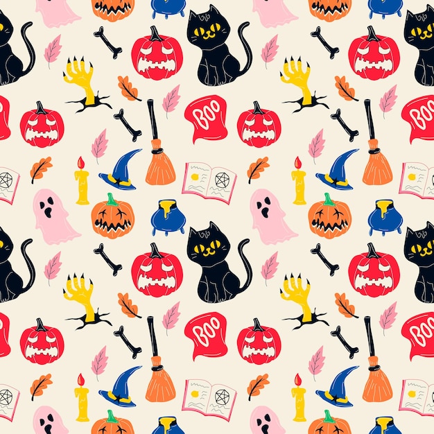 Halloween pattern with different tyrolean elements. Seamless pattern with doodles in color.