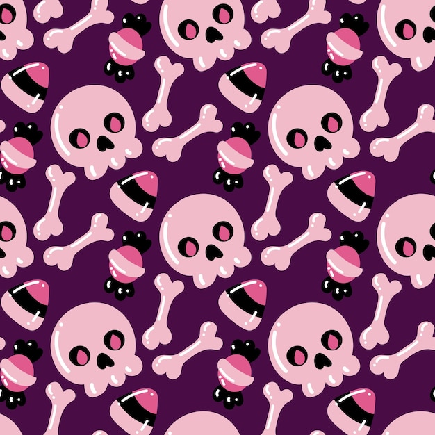 Vector halloween pattern with pink elements skull candy bones on purple background childrens illustration