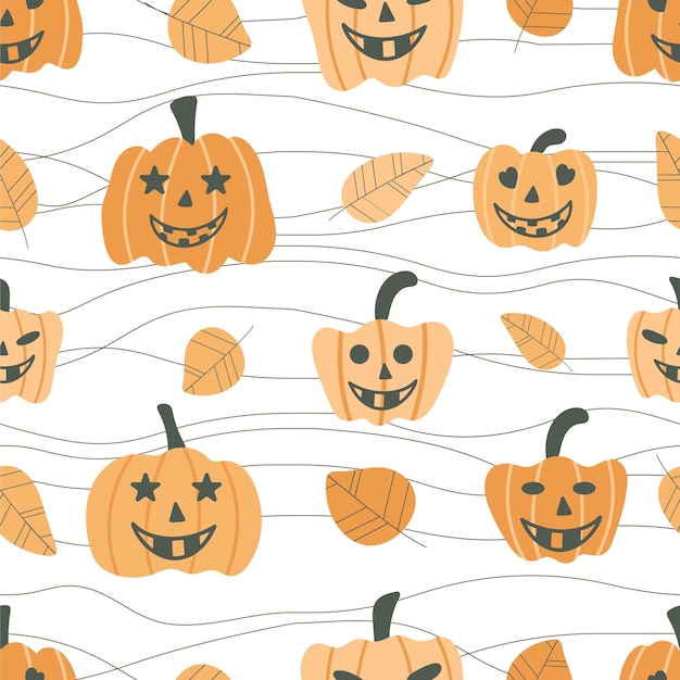 Halloween pattern with pumpkin heads and leaves Background with funny faces for the autumn holiday