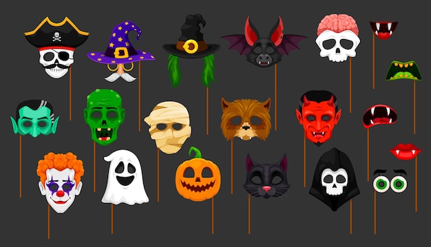 Halloween photo booth masks and props isolated cartoon vector faces hats eyes and mouths Witch pumpkin bat devil skull and zombie with ghost monster brain and clown and mummy with black cat