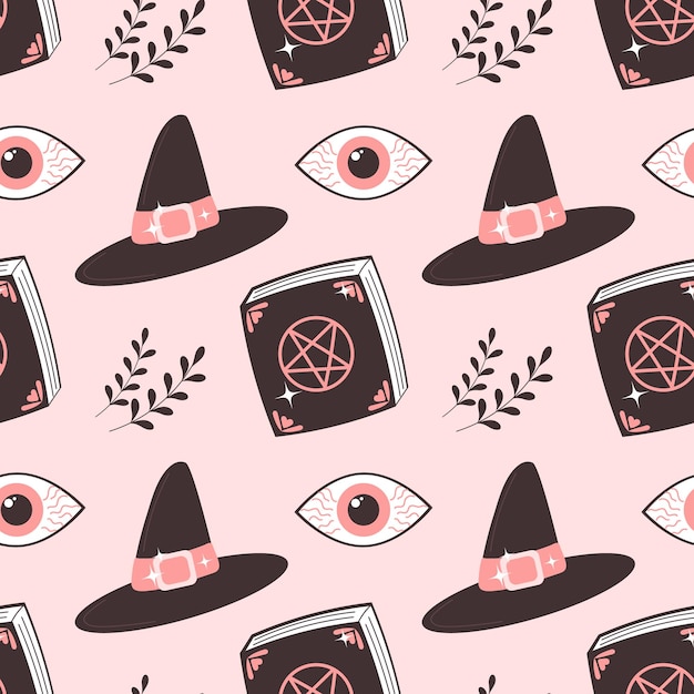 Halloween pink baby background Seamless pattern with cute Halloween elements hats eyes and book