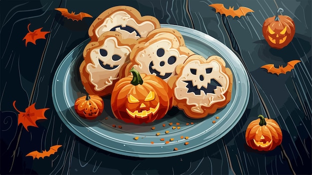 Vector halloween plate with tasty cookies and pumpkins