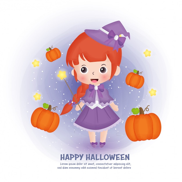 Halloween post card with cute witch and pumpkins.