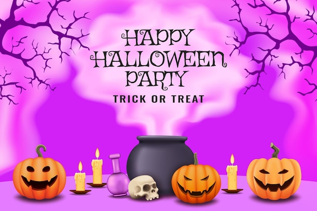 Halloween postcard for a banner flyer poster or advertisement featuring a steaming cauldron with a field for your text a pumpkin a mystical skull candles and a potion bottle Vector Illustration