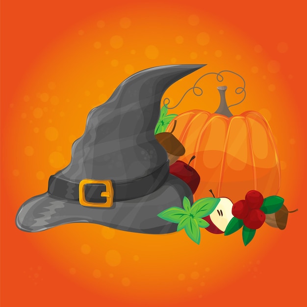 Halloween poster, banner or background. Vector illustration with pumpkin, hat and other elements