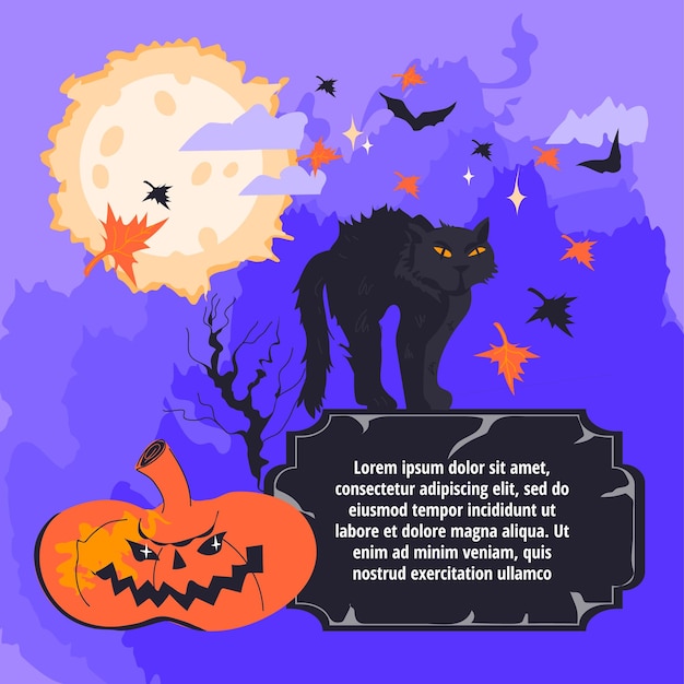 Halloween poster or banner with black cat and pumpkin on purple background