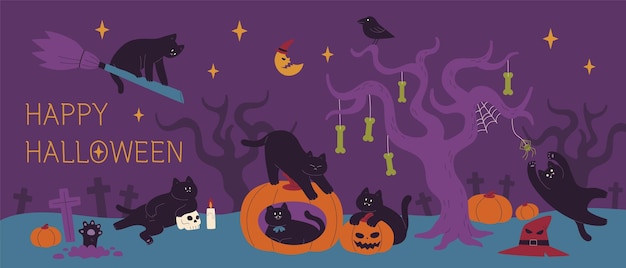 Halloween poster. Black cats are playing around a bizarre tree in the dark night.