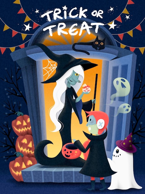 Halloween poster design, a kid wearing monster costume and visits witch house for candies, pumpkin and spooky elements