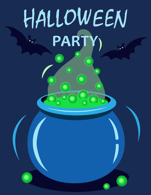 Halloween poster party invitationcard Vector illustration of witches cauldron with green potion