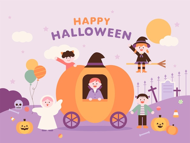 Halloween poster template Cute Halloween characters are saying hello around the pumpkin carriage