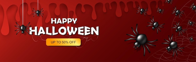 Halloween poster with 3d black spooky spiders. Cartoon red banner with flowing blood, bugs and web