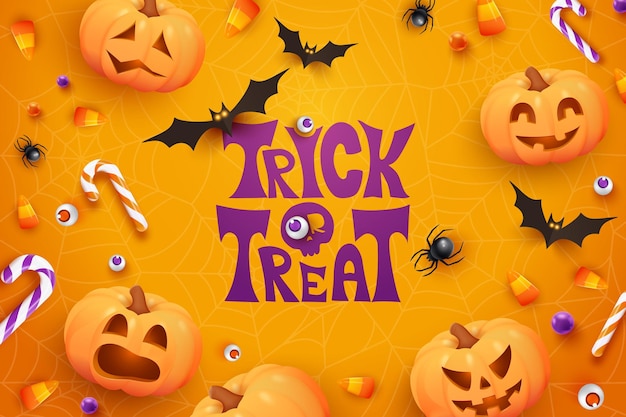 Halloween poster with candies spiders bats and pumpkins on violet background Trick or Treat