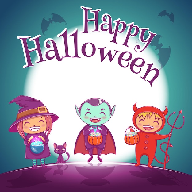 Halloween poster with kids in costumes of witch, vampire and devil for Happy Halloween party. On dark blue background with full moon. For posters, banners, flyers, invitations, postcards.