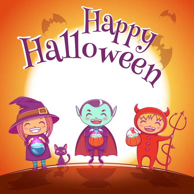 Halloween poster with kids in costumes of witch, vampire and devil for Happy Halloween party. On jrange background with full moon. For posters, banners, flyers, invitations, postcards.