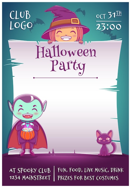 Halloween poster with little kids in costumes of witch and vampire with black kitten and broom Happy Halloween party Editable template with text space