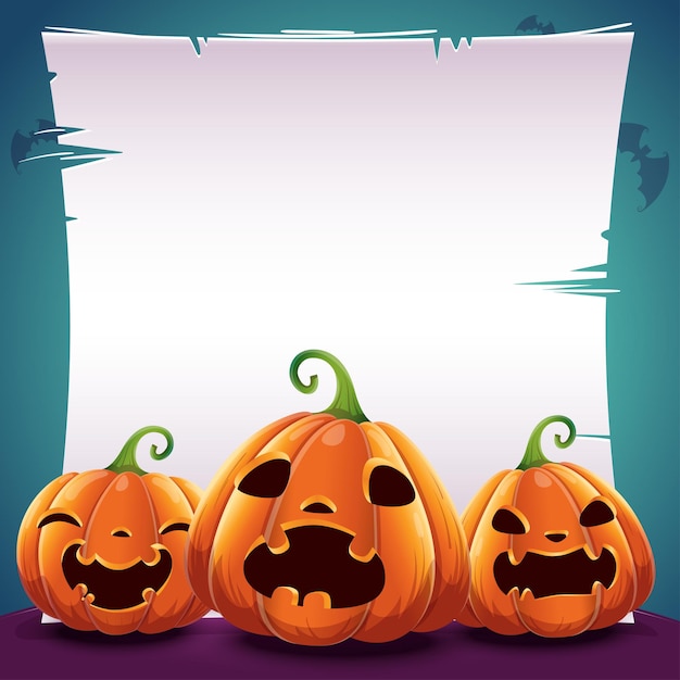 Halloween poster with realistic pumpkins on dark blue background with text place on sheet of paper, parchment and with bats. Vector illustration for posters, banners, invitations, advertising, flyers.