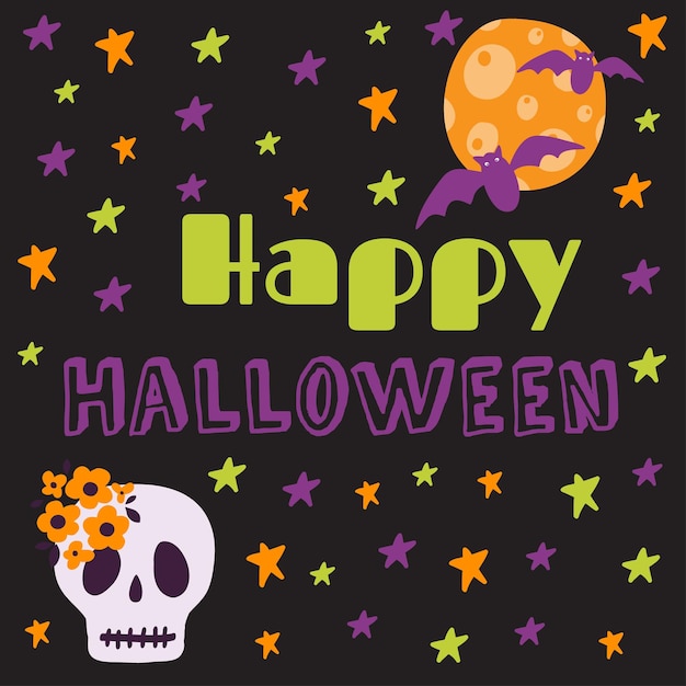 Halloween printable card with cartoon cute pumpkins ghosts witches bats bones stars