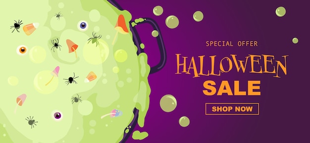 Halloween promo sale banner, cauldron with brew, potion with eye, sweets, mushrooms and spiders,