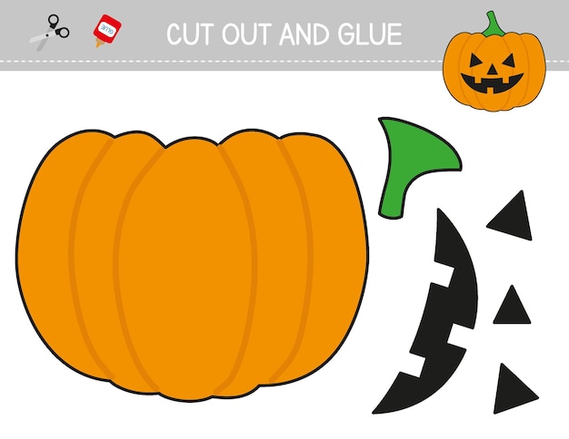 Halloween pumpkin cut and glue worksheet for kids. Jack o lantern cutting practice. Educational game