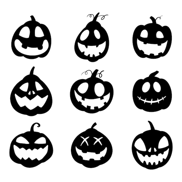 Halloween pumpkin faces icon set Pumpkin silhouettes smile on white background