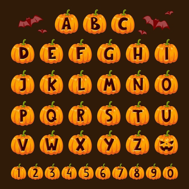 Halloween pumpkin font alphabet text symbols vector illustration