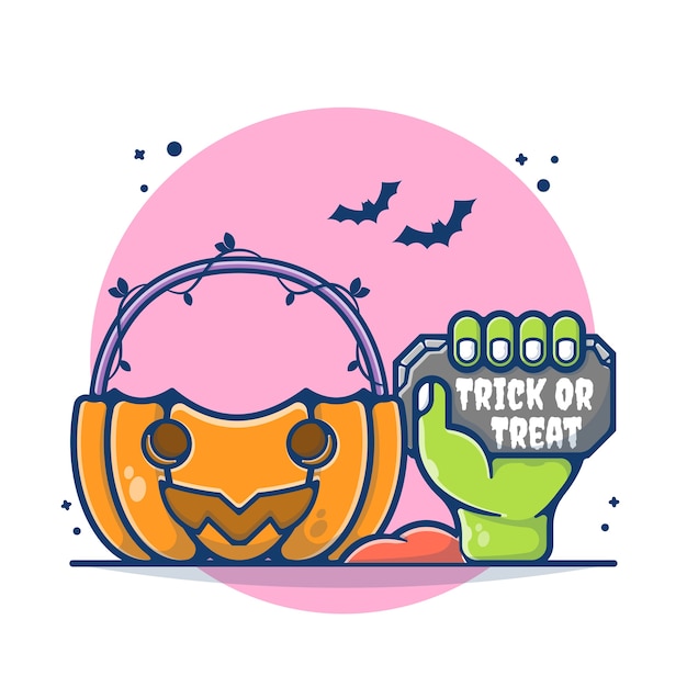 Halloween Pumpkin and Hand Zombie   Illustration. Hand Zombie Holding Stone Concept. Flat Cartoon Style