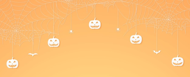 Halloween pumpkin head, spiders and bats hanging, spider web banner, cobweb background, copy space