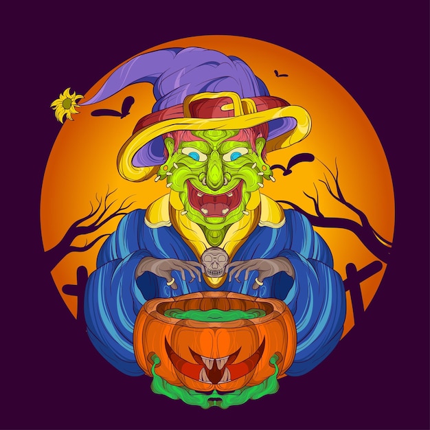 halloween pumpkin monster, witch by concocting with pumpkin